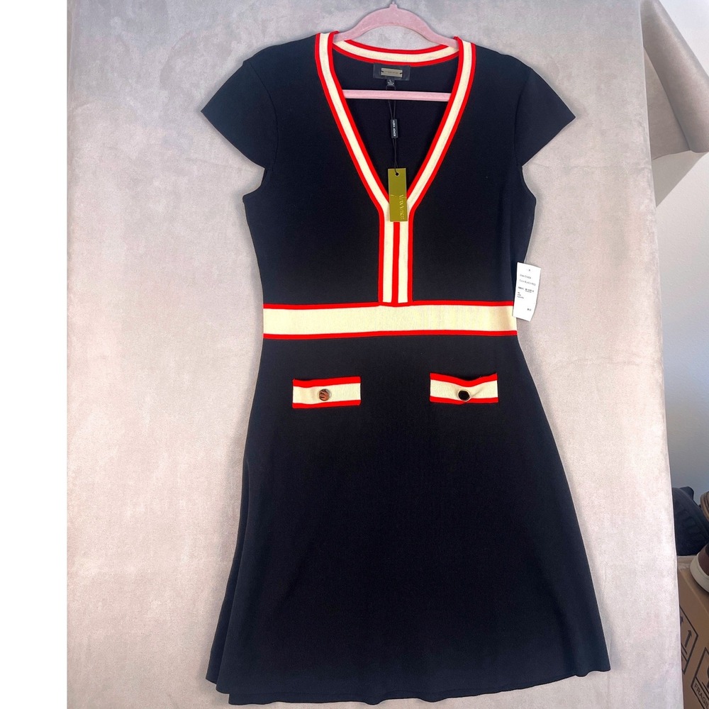Alexia Admor D3929 Knit Fit Flare Dress Black Red Cream Large NWT MSRP $90